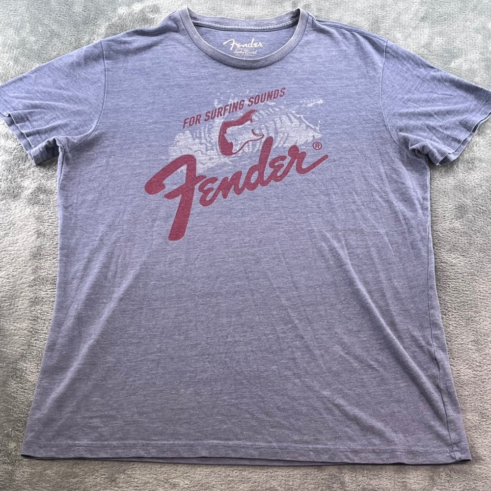Lucky Brand Fender Guitar Graphic T-Shirt Mens Large Blue Purple Surfing Sounds